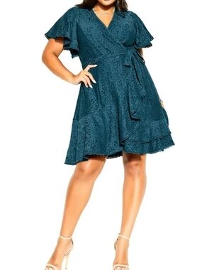 City Chic Women's Teal Lace Wrap Mini Dress - Size 14
